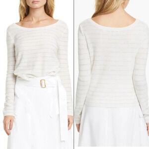 Vince Striped Scoop Neck Cashmere Sweater Knit Top White Heather Grey Women’s XS